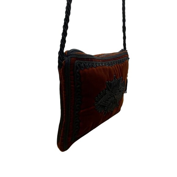 Women’s Orange & Black Velvet Embroidered Tassel Zipper Strap Crossbody Purse - Picture 5 of 9